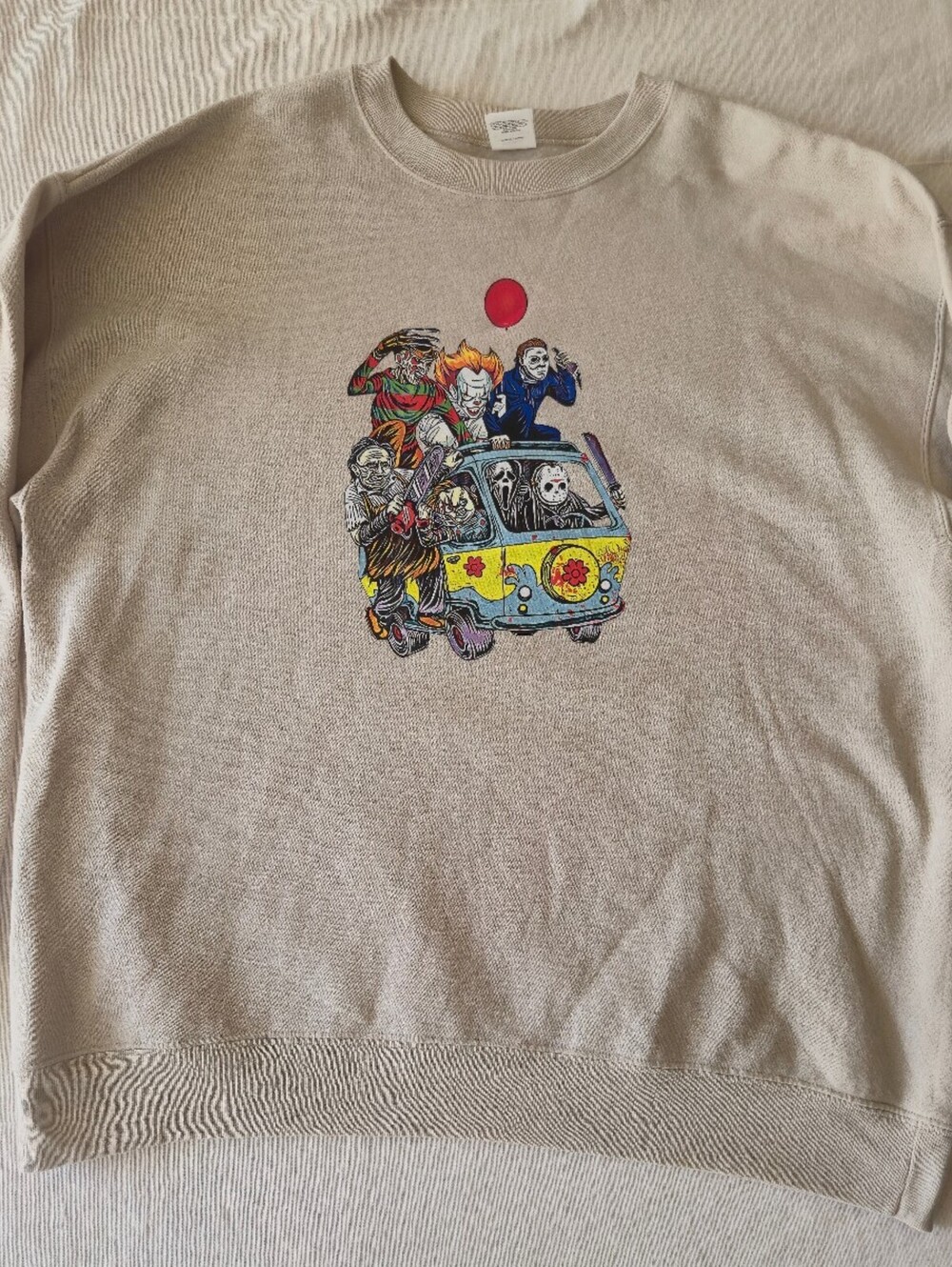 Hanes EcoSmart Beige Crewneck Sweatshirt with Horror Character Graphic Large